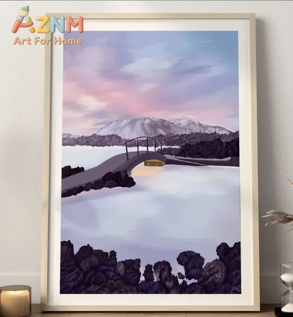 AZNM Mountain Lake Bridge Canvas Wall Art Pastel Sunset Scenery Abstract Landscape Art Print Unframed Canvas Poster for Home Dec