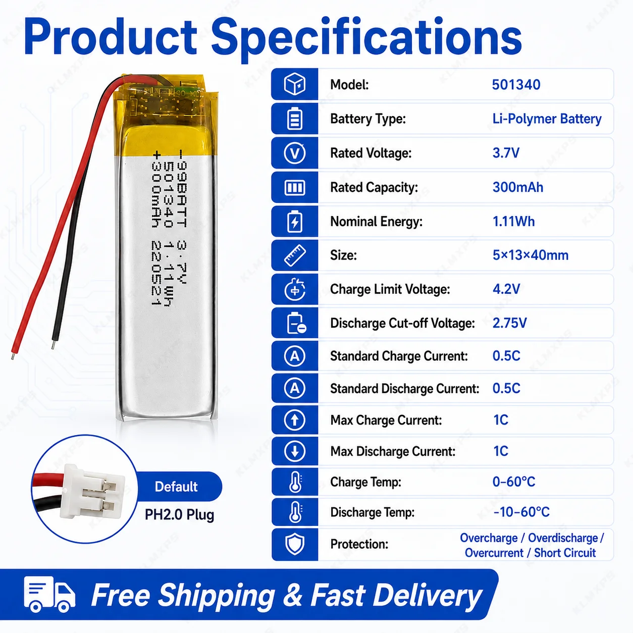 300mAh 3.7V 501340 Li-ion Polymer Battery Fit Xiaomi Airdots Youth Edition TWSEJ02LM TWS Earbuds Compartment