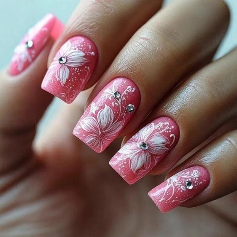 

24PCS Pink Medium Square False Nails Stylish White Flowers Patterns Simple French Fake Nails Wearable Full Cover Diamonds Nails
