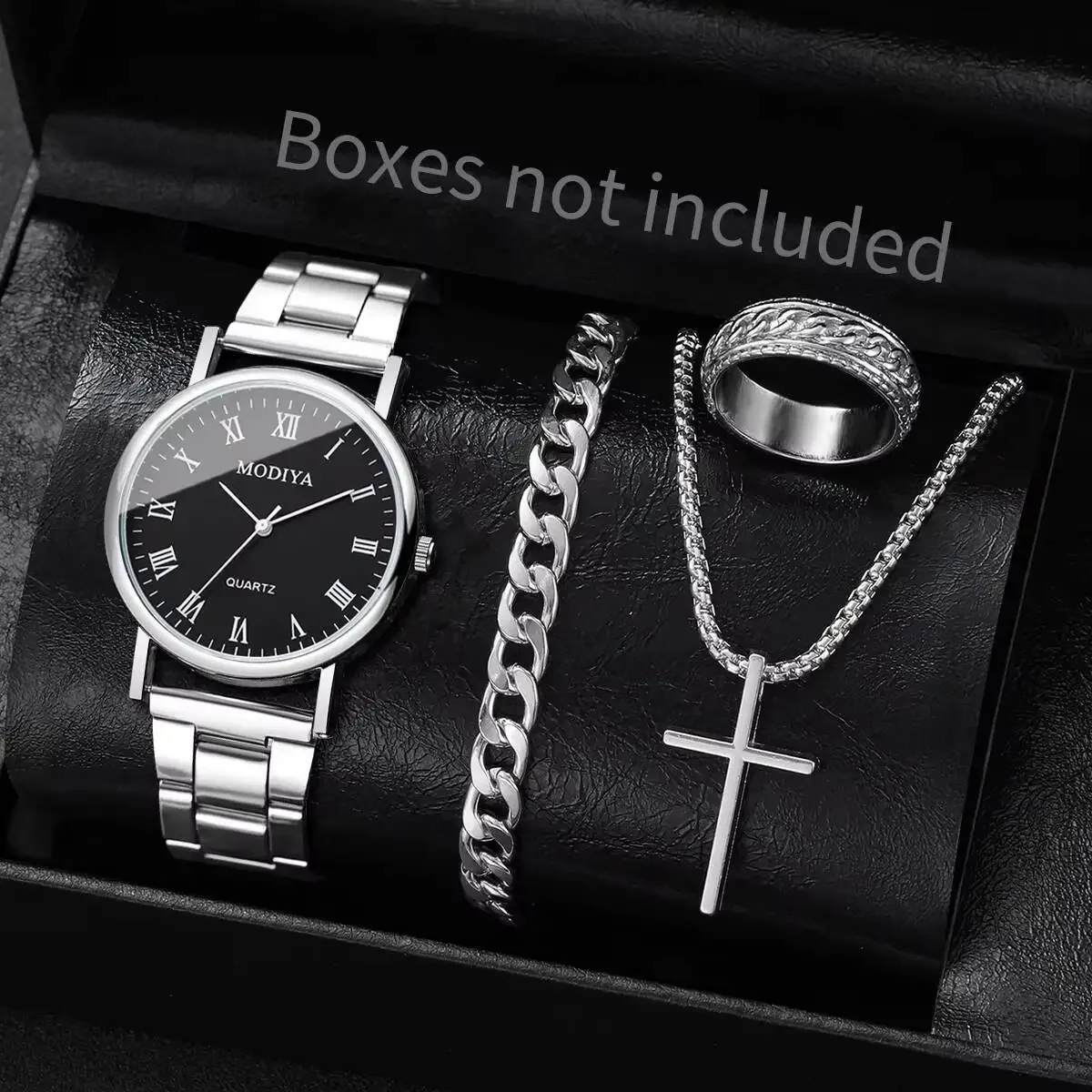 4PCS/Set Fashion Men Business Watches Simple Roma Dial Quartz Wristwatch Jewelry Set Reloj Hombre（Without Box）