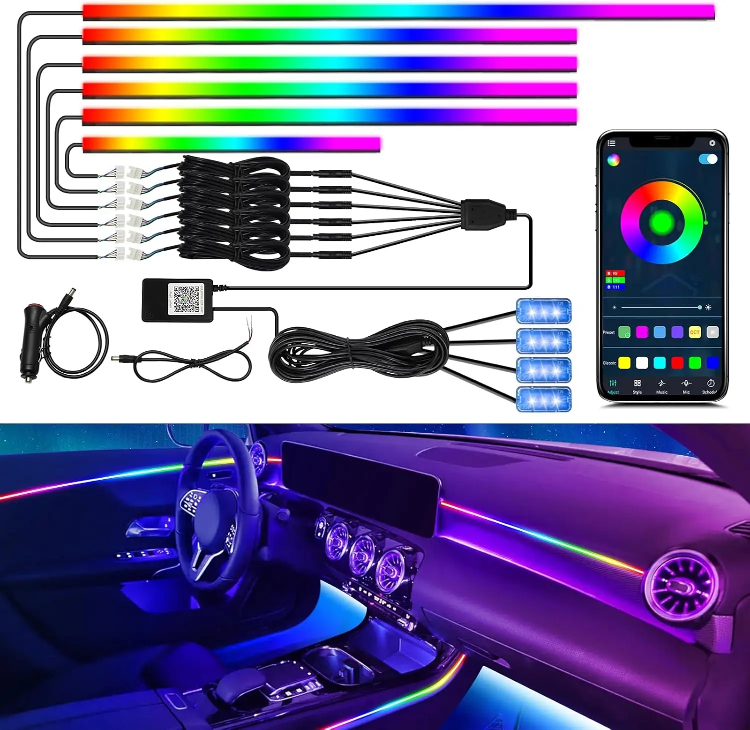 

10-in-1 Car Ambient Light Kit with APP Control, 16M Colors, RGB Music Sync LED Strip