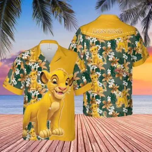 The Lion King Simba Hawaiian Shirt Men\'s Women Summer Short Sleeve Button Up Casual Beach Disney Top