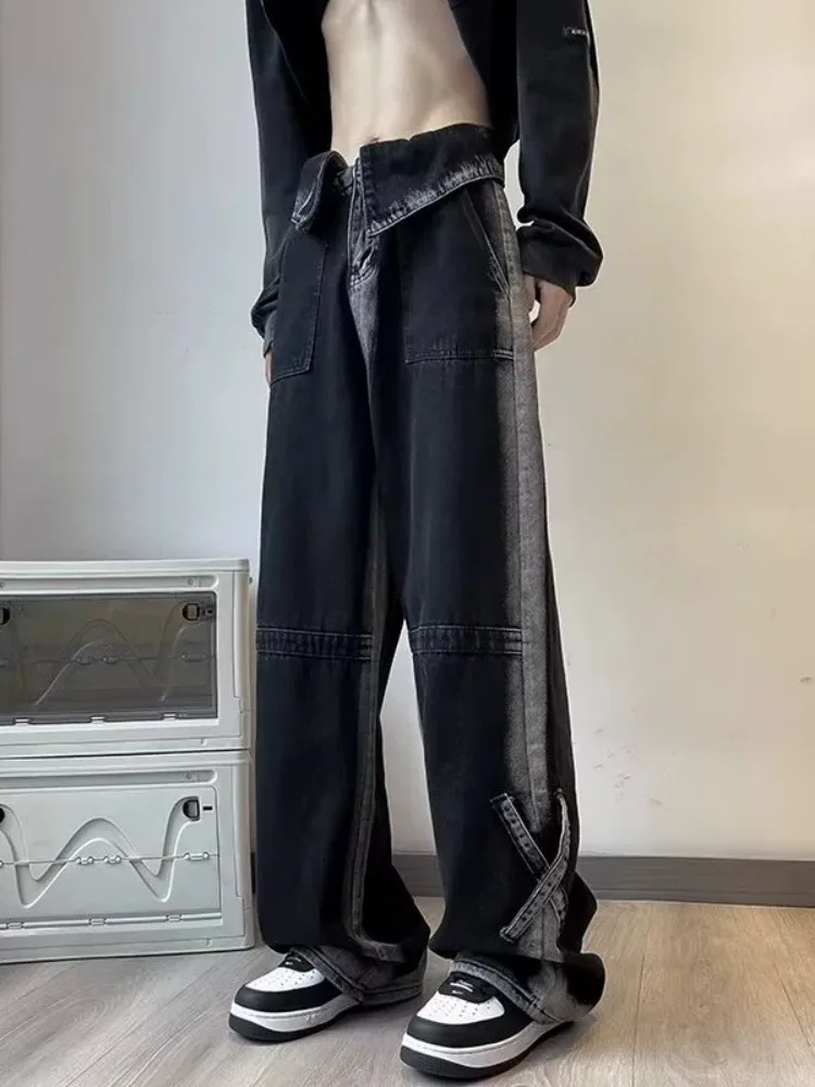 

Graduated Black Grey Flip- Jeans Men's American High Street OOTD Pants Spring Autumn Design Cool Versatile Long Trousers