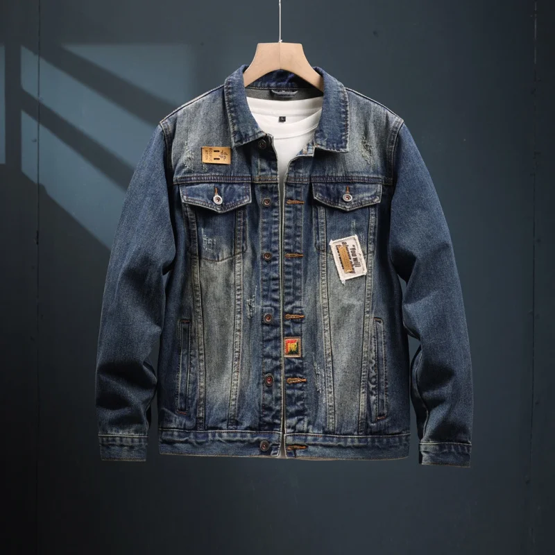 Jaket Denim Vintage pria, jaket sepeda motor kelas atas tampan jalanan bercetak tren musim gugur dan musim dingin baru 2024