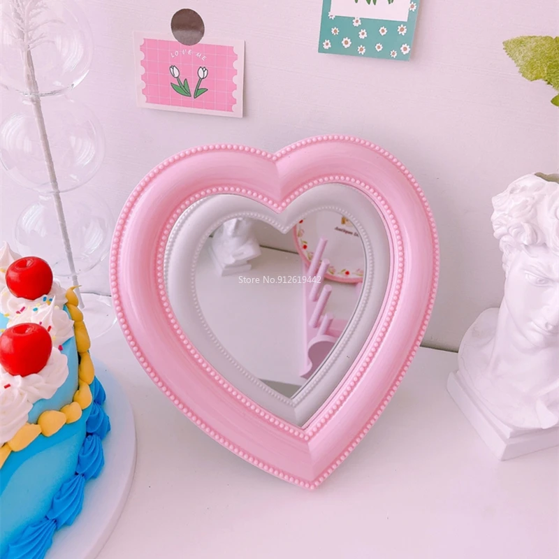 Heart-shaped Makeup Mirror Desktop Wall Hanging Dual-use Dormitory Dressing Mirror Pink White Girls Room Decoration Mirror