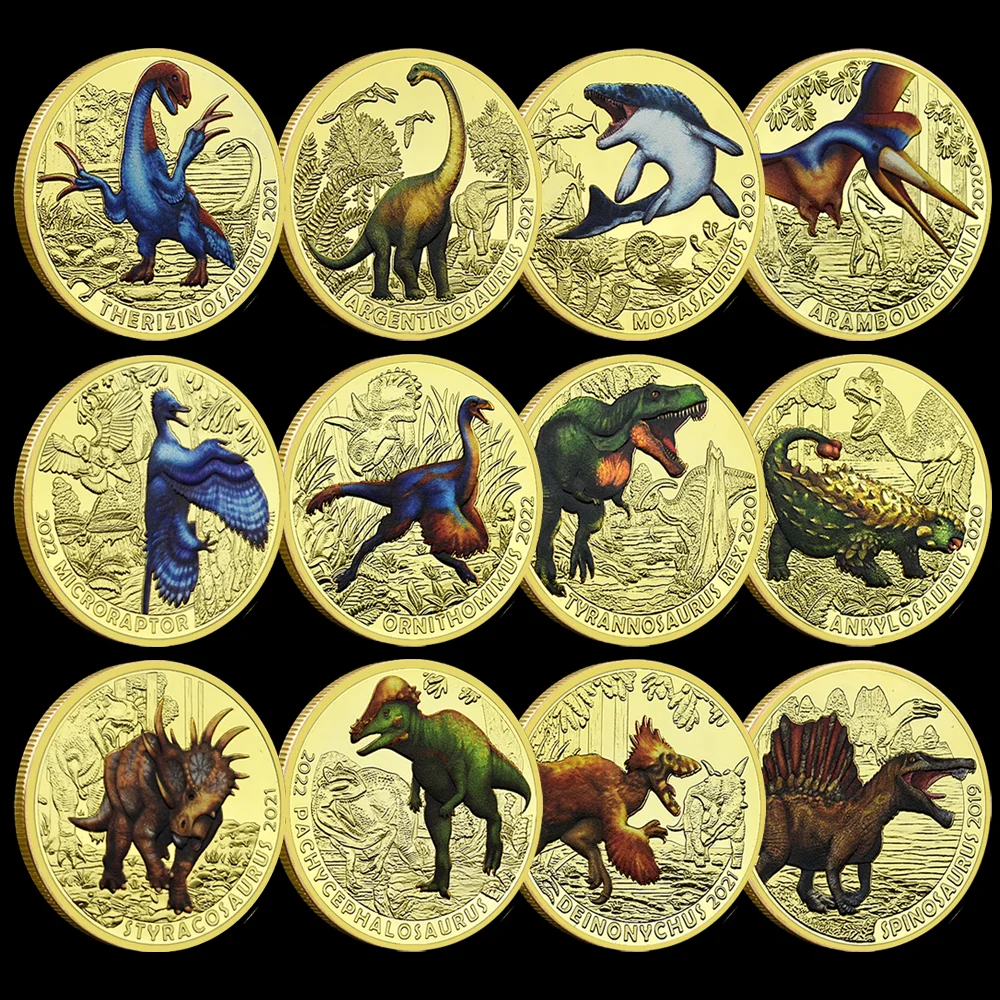 

12pcs/set Austrian Dinosaurs Gold Plated Challenge Coin Ancient Rare Animal Medal Collection Gift Souvenir