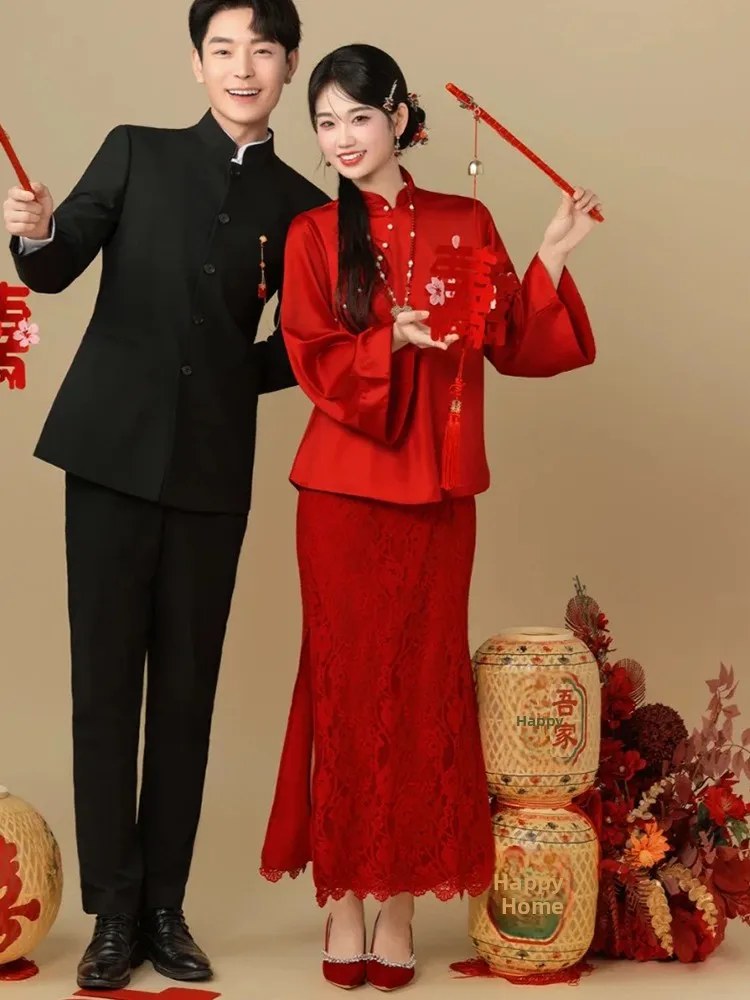 

Red Wedding Dr Set New Chinese Sle Improved Bridal Gown for Engagement Return Home ow Heel Women's Long Sve Polyest...