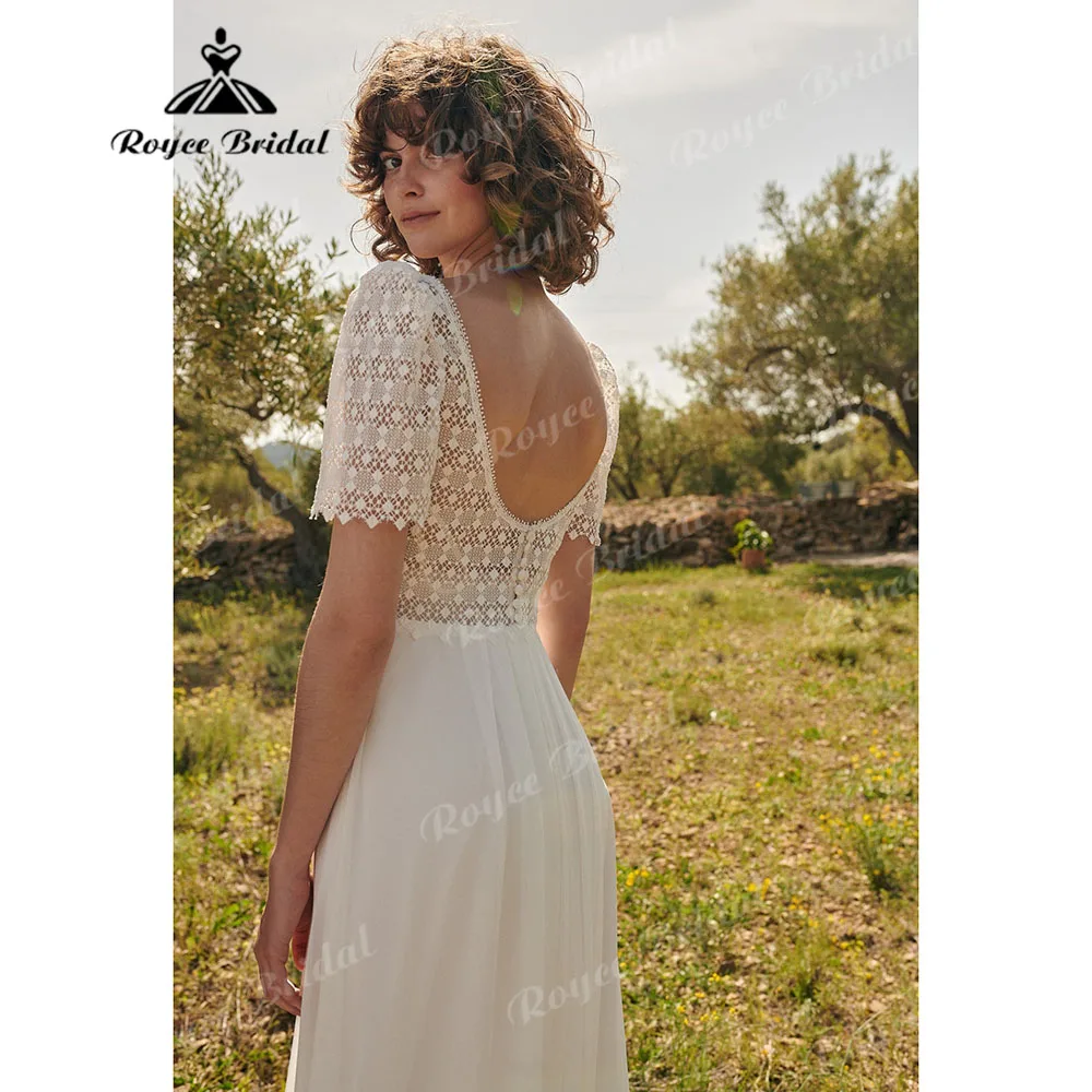 Elegant Short Sleeve Lace Chiffon Boho Bohemian Women Wedding Dress V Neck 2024 Bridal Gown Customized abito da sposa trouwjurk