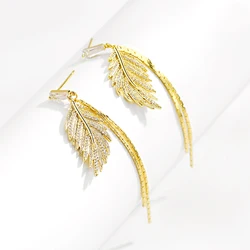 2022 Luxury Leaves Tassel 14K Real Gold Plated Korea Earrings For Women Trending Stud Wedding Jewelry free shipping