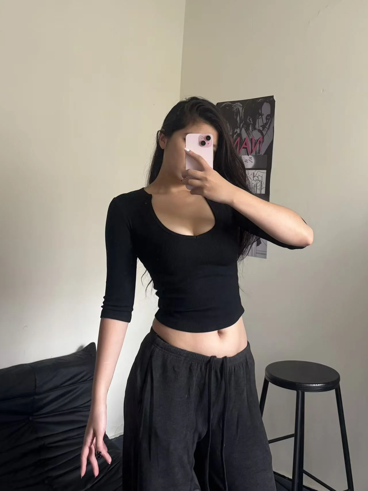 

French-Style Large U-Neck Mid-Sleeve T-Shirt for Women, Spring and Autumn Slim-Fit Short Crop Top, Basic Slimming Inner Layering Shirt, Slim-Fit Ribbed Knit Short Crop Top