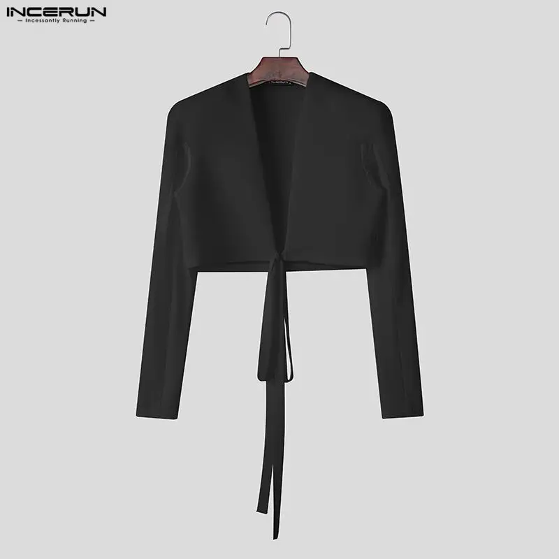 

INCERUN Men Jackets Solid Color V Neck Long Sleeve Lace Up Male Crop Coats Streetwear Fashion Casual Personality Thin Jackets