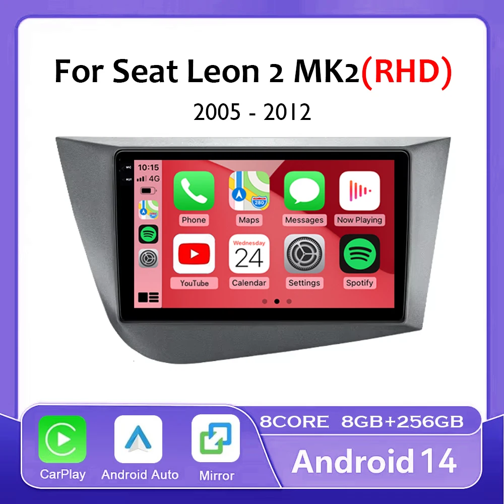 

Android 14 Автомобильный радиоприемник с навигацией GPS Carplay для Seat Leon 2 MK2 RHD 2005-2012 Мультимедийный видеоплеер Стерео DSP 4G CarPlay