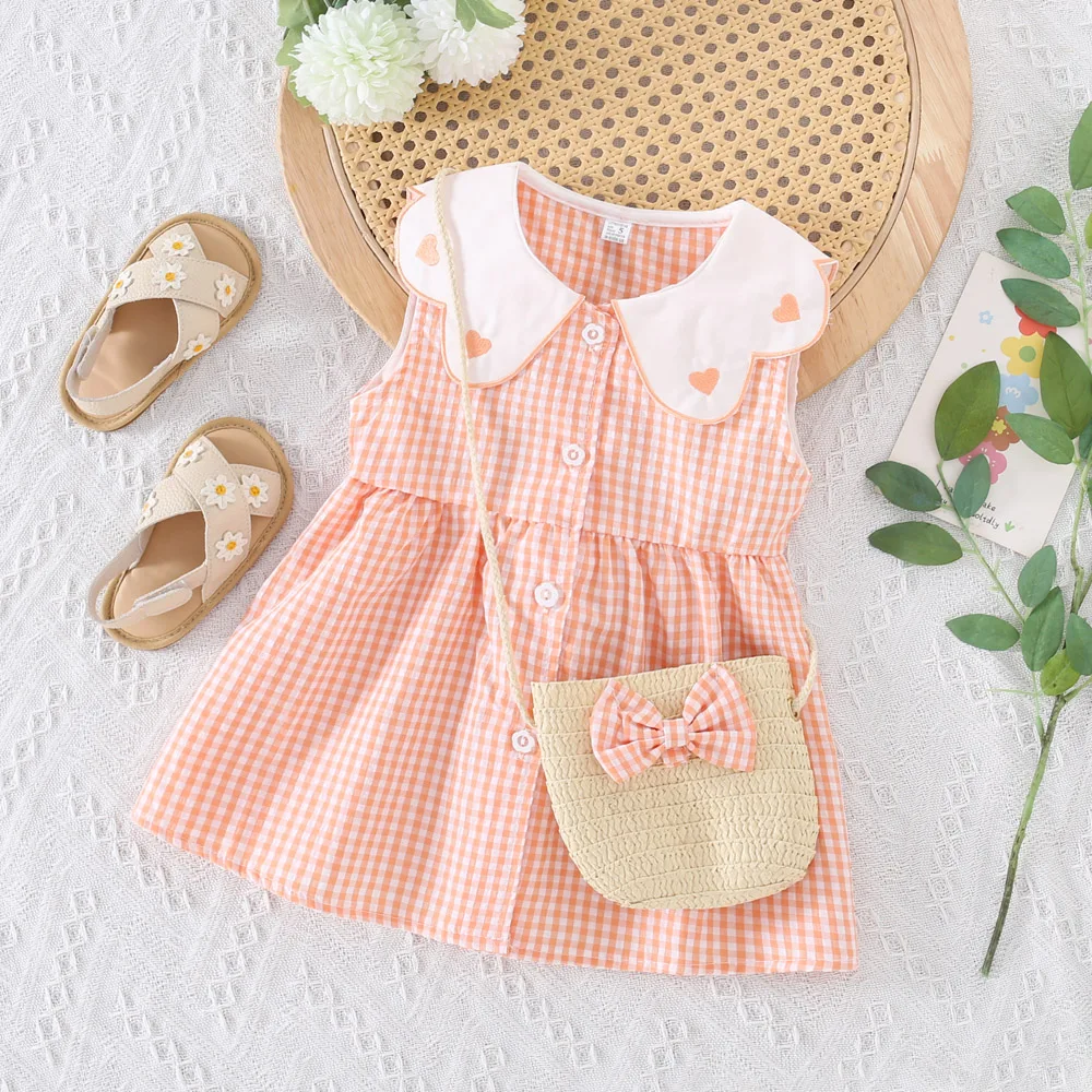 2Pcs/Set Summer New Girls' Dress 0-3 Years Old Sweet Love Embroidered Collar Checkered Tank Top Sleeveless Skirt Comes with Bag