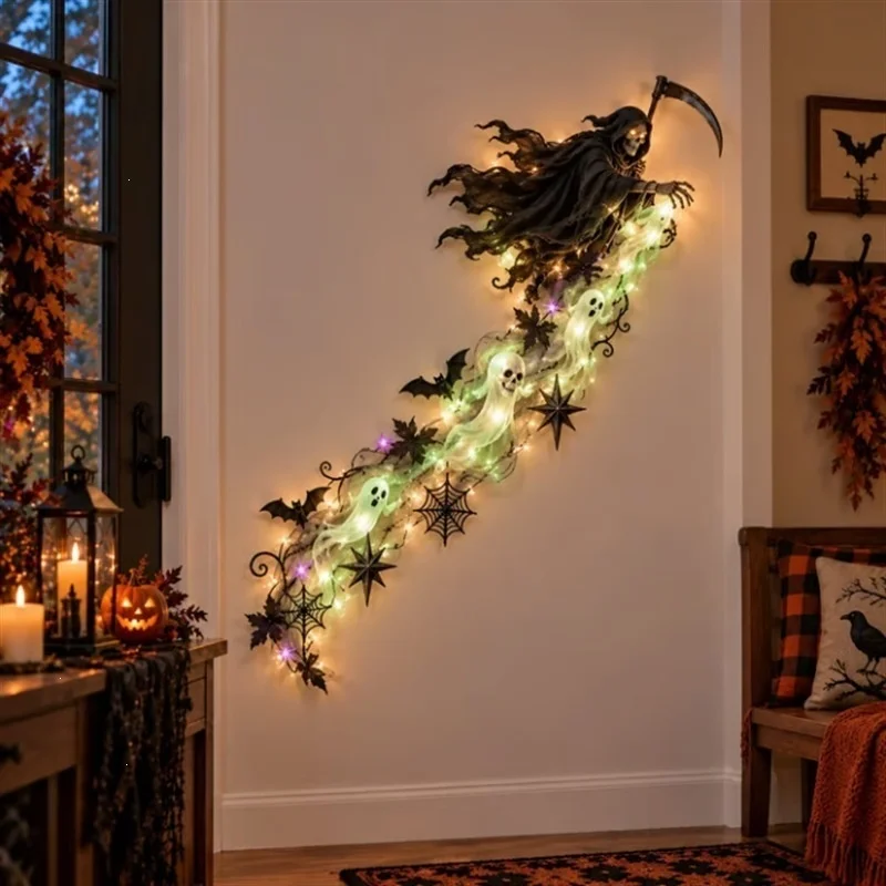 LED Halloween Witch Wall Light, Illuminated Magic Trail Garland Autumn, Maple Leaf Spider Web Party, Home Decor Indoor Ornament