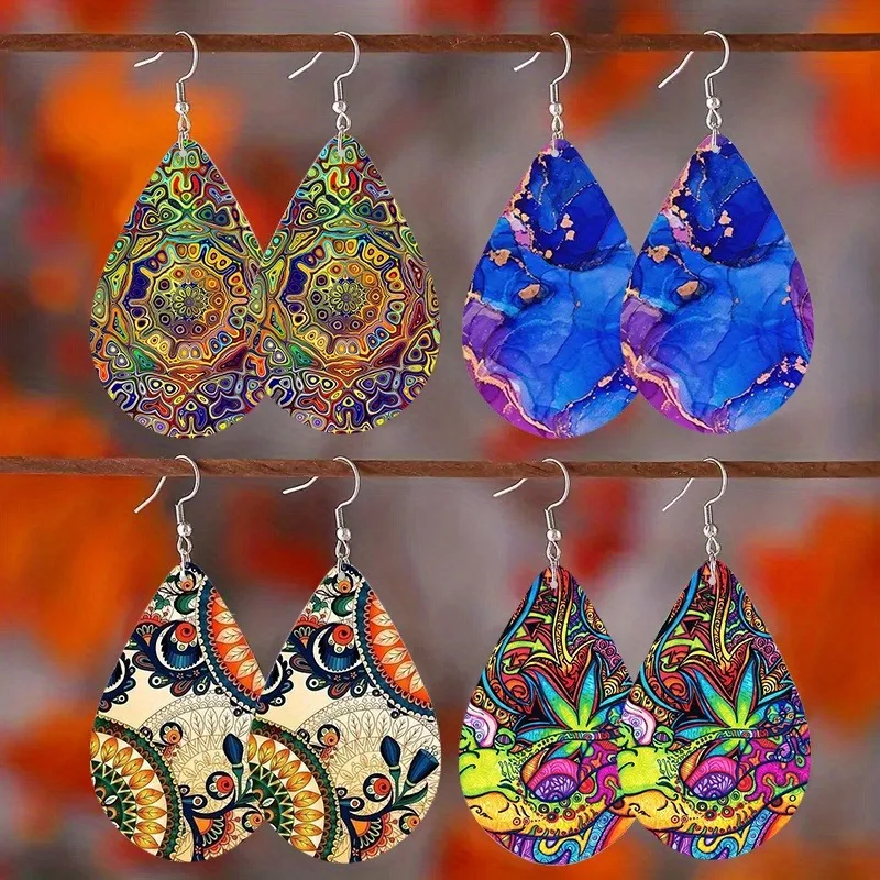 European and American cashew flower totem double-sided pattern wooden earrings Bohemian color ladies earrings
