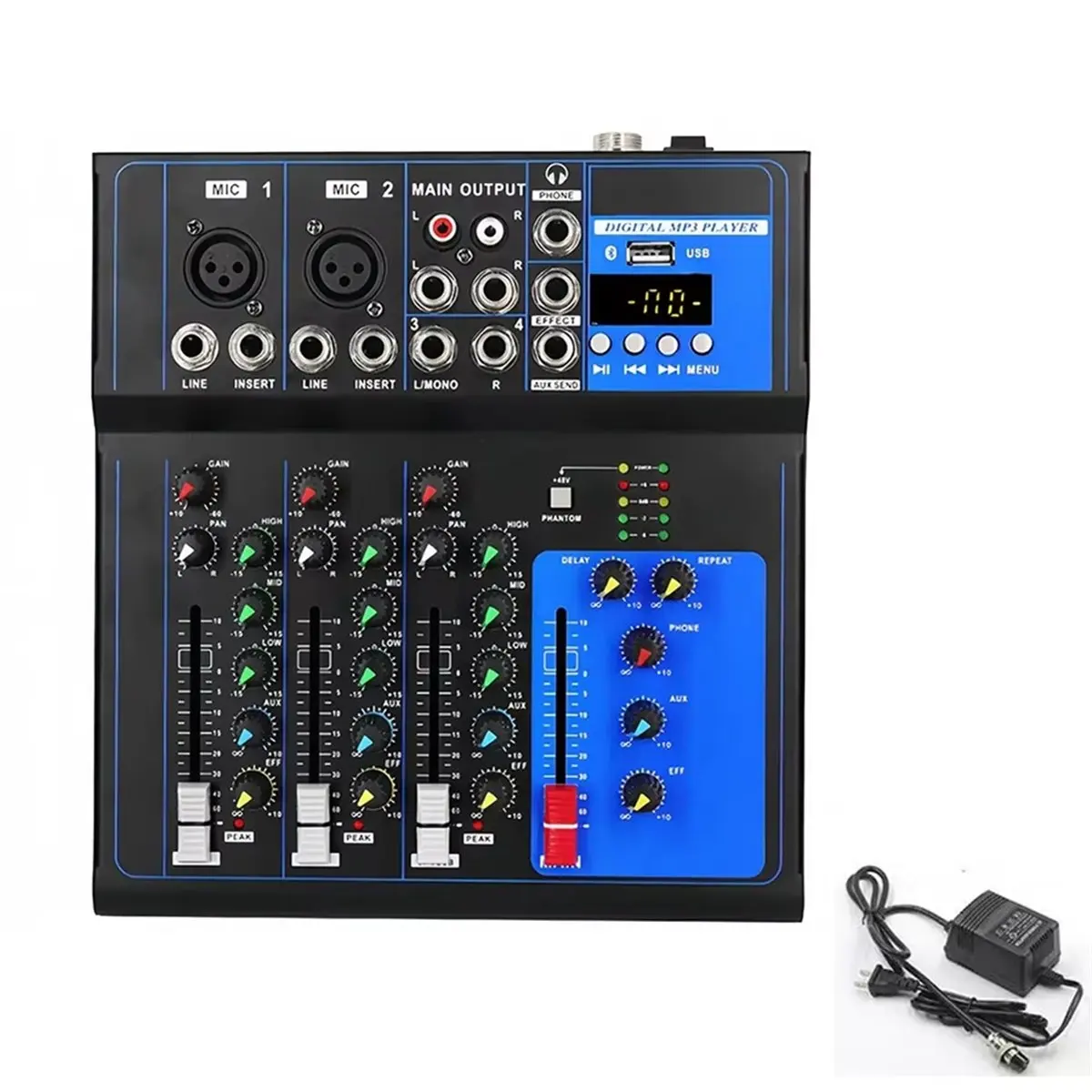 L77A DJ Audio Mixer 4 Channel Sound Mixing Console with USB MP3 Jack 12V Power for Computer Recording and Live US Plug