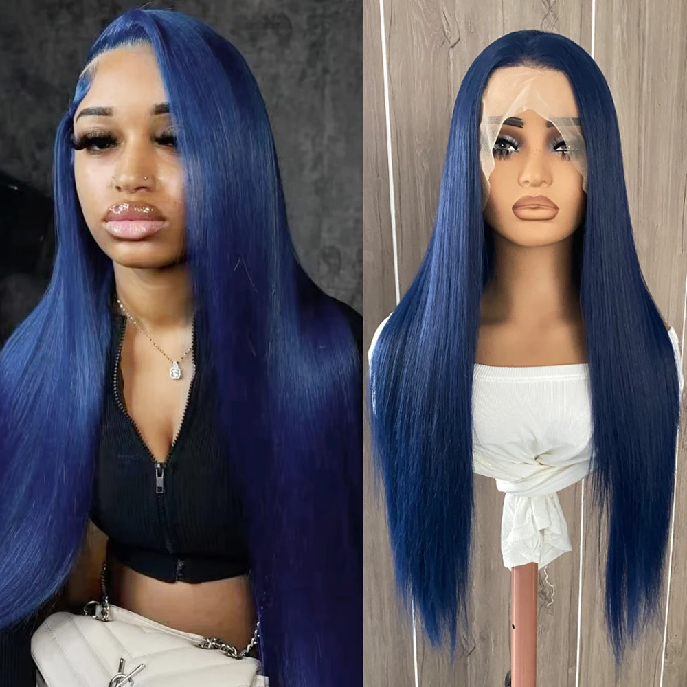 

UStyleHair Dark Blue Lace Front Wig Long Straight Synthetic Wigs for Women Heat Resistant Daily Use Cosplay Wig Natural Hairline