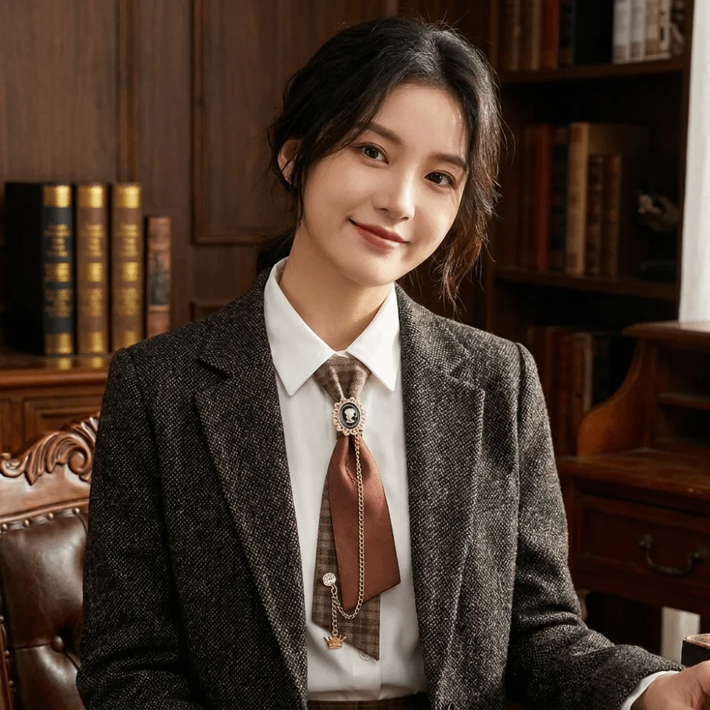 Fashion Y2K Preppy Necktie Rhinestone Chain Oval Plaid Bow Tie Multiple Colors Adjustable Strap Decorative Neck Tie For Women