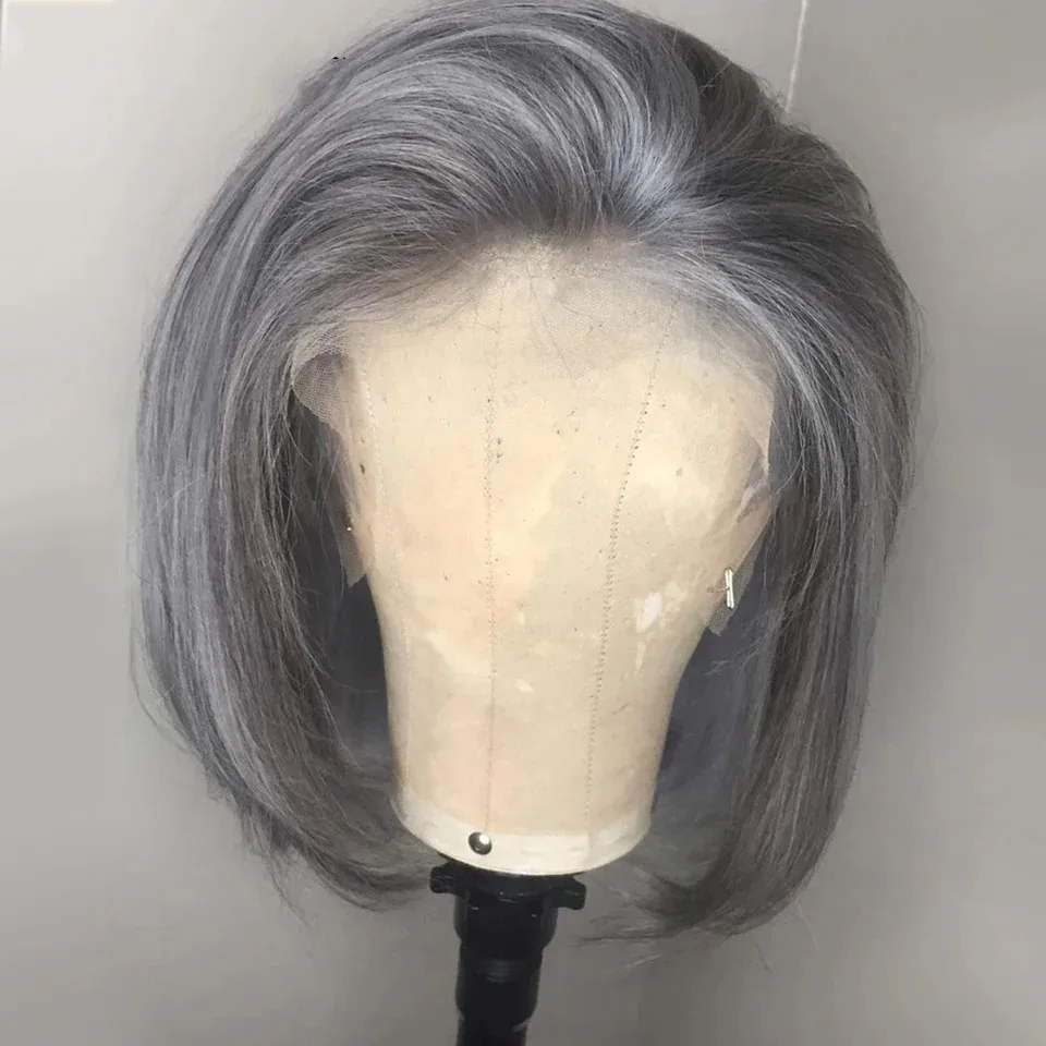 Peruca Cinza Bob Lisa com Renda Frontal 13x4 HD, Peruca Curta de Renda de 14 Polegadas Pré-Desfiada, Peruca Sintética Sem Cola para Cosplay