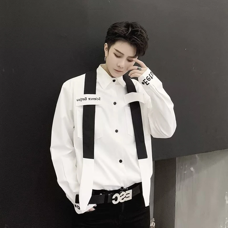 

Trendy Long Sve Letter Print Men's irt with Tie Hair St Workwear Casual Loose Fit Youthful Geometry Pattern