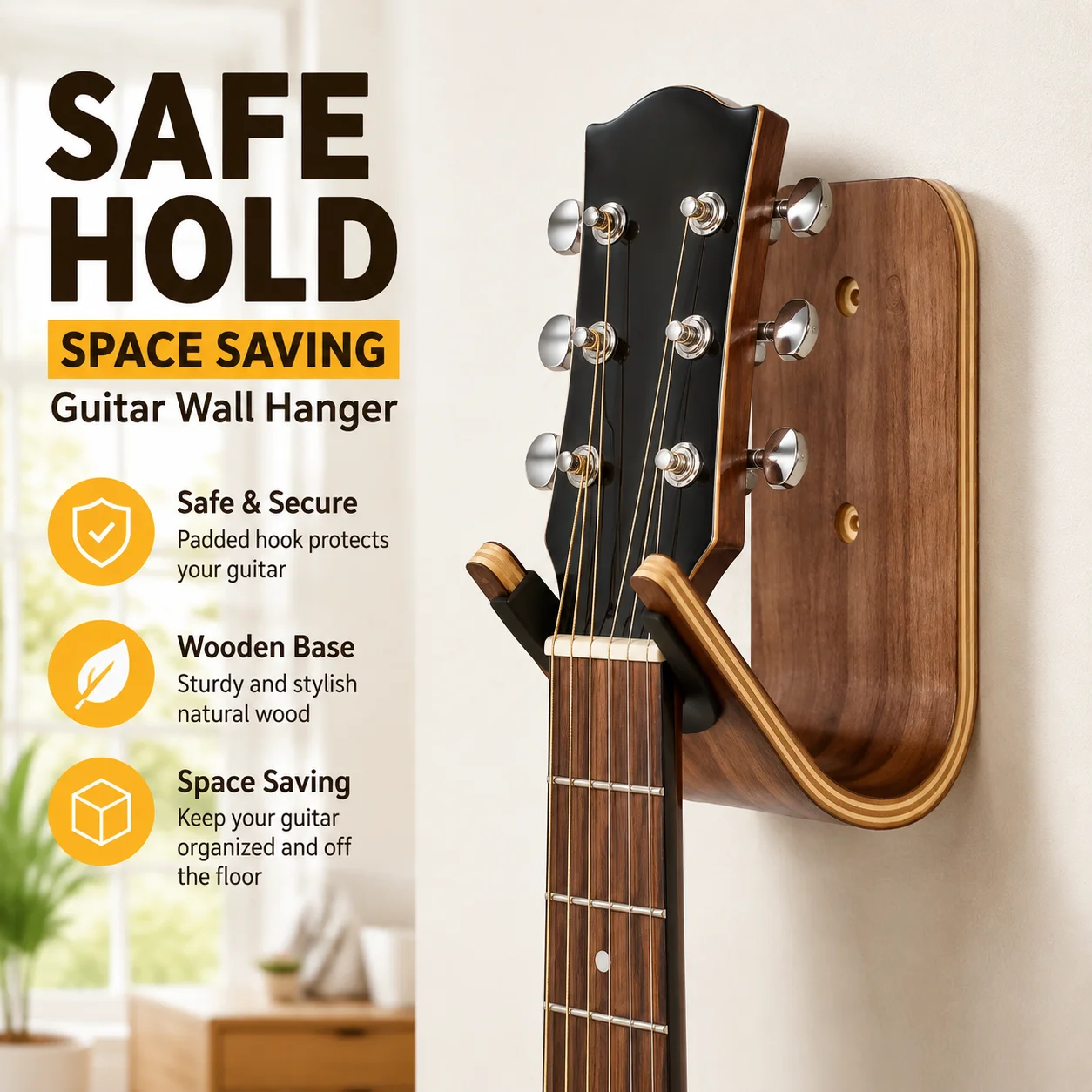 Guitar Wall Hanger with Wooden Base and Padded Hook for Acoustic Electric Bass Guitars, Space Saving Safe Mount with Sturdy