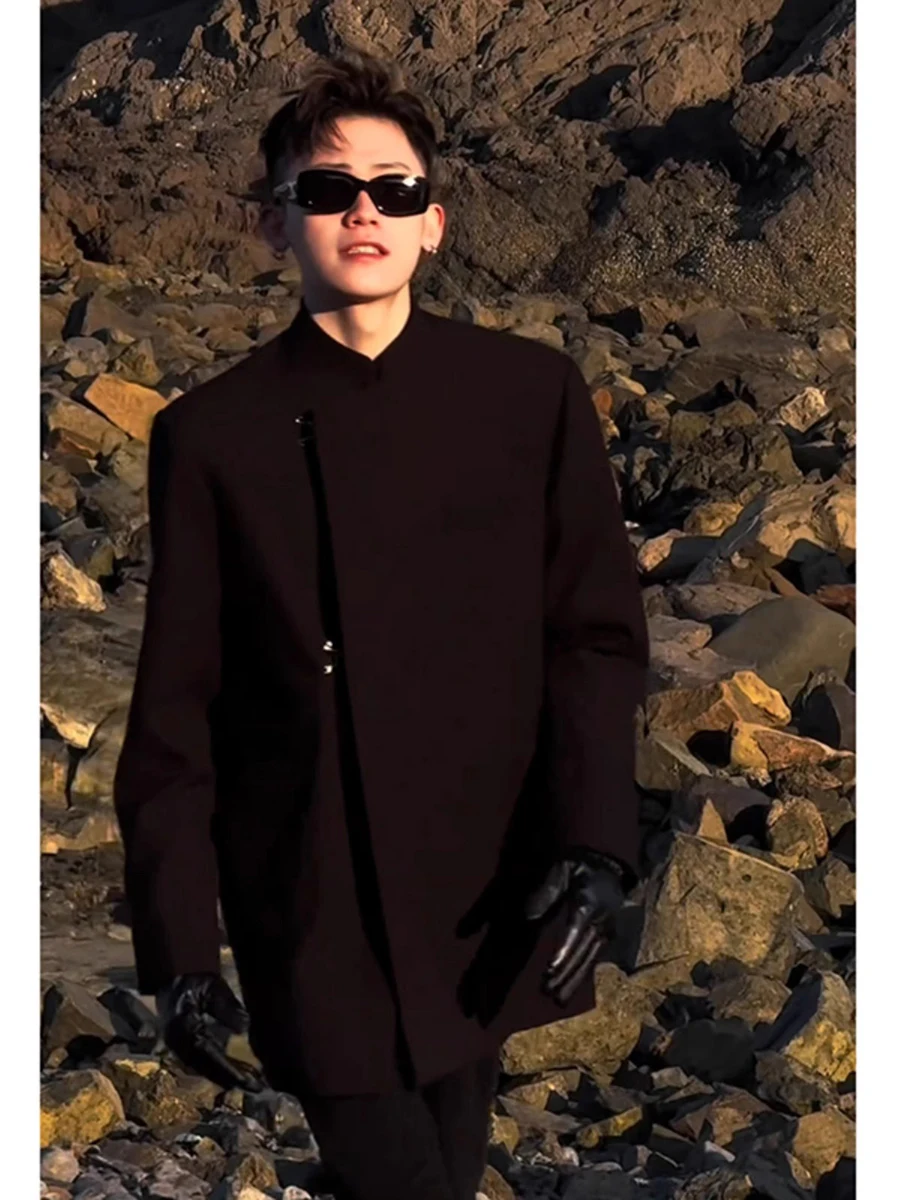 

New Chinese Style Shoulder Pad Men's Casual Suit Jacket Long Sleeve Stand Collar Split Design High Quality Fashionable Coat