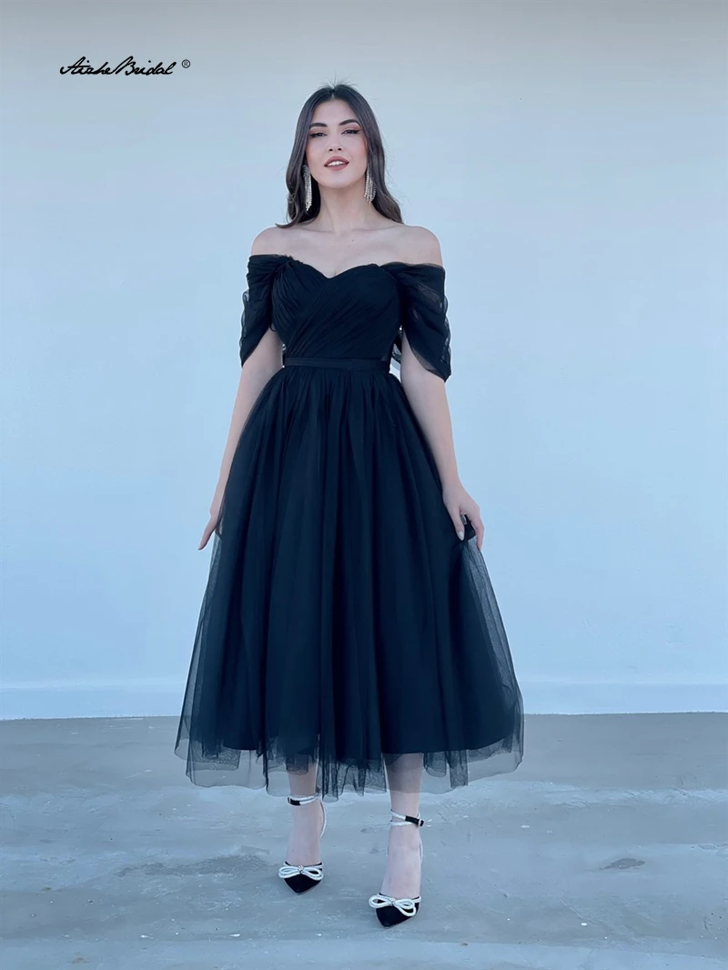 

Черное тюлевое короткое платье для выпускного вечера с короткими рукавами длиной до чая, платья для выпускного вечера, женское специальное вечернее платье