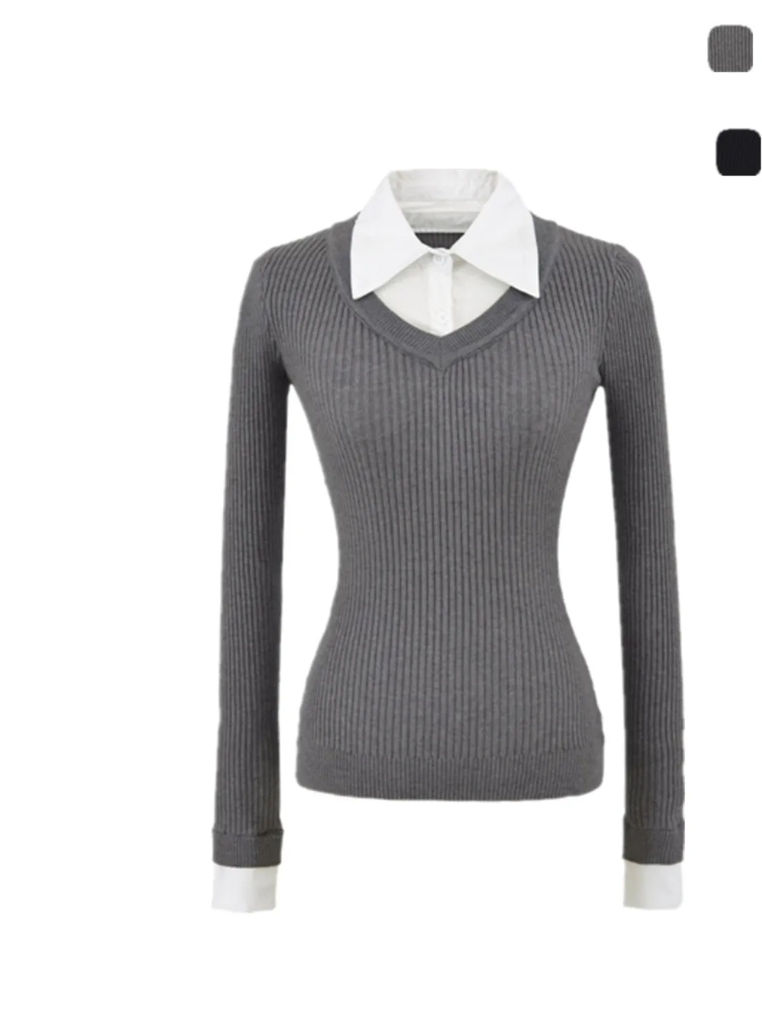 

Slim Fit Long Sve Knitted Sweater Korean Sle Hot Girl Waist Cinched Beautiful Fake Two-Piece Knitwear Casual Daily Wear