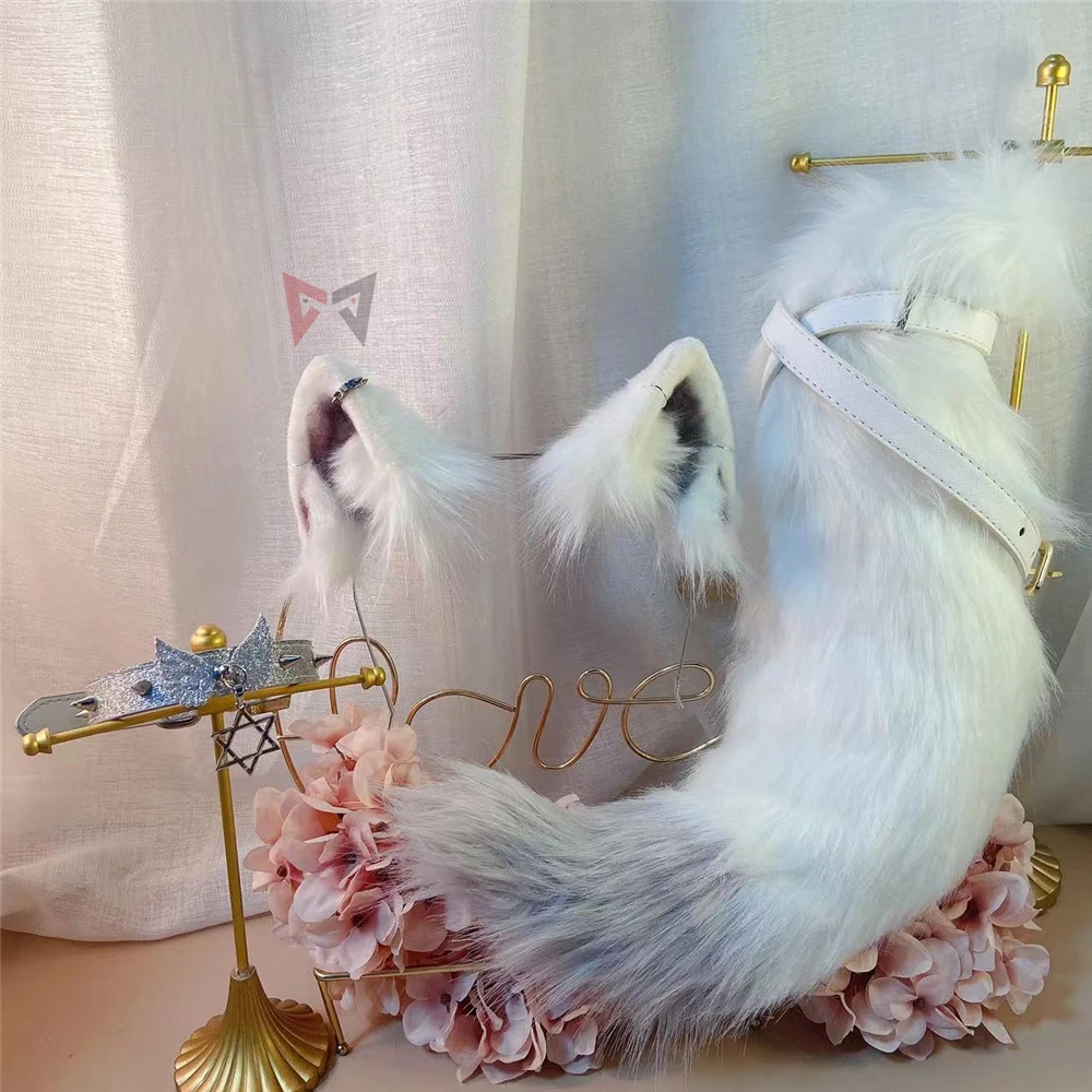 

New Handmade Work White Wolf Ears Hairhoop Tail Necklace Earrings Cosplay Carnaval Gothic Lolita Acessories Hair Hoop Headwear