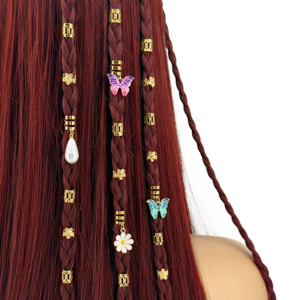 34pcs Butterfly Hollow Out Hair Ring Dread Locks Metal Cuff Clips Dreadlocks Beads Charm Hair Braiding Hair Braid Tubes Decor