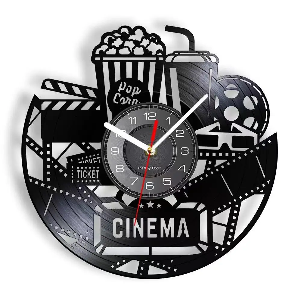 Cinema Vinyl Record Wall Clock LED Remote Backlight Popcorn Movie Theater Decor Silent Quartz Watch Film Lover Gift Man Cave
