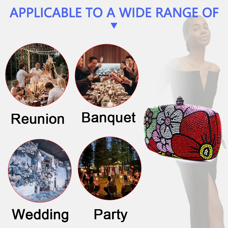 Luxury fashion Diamond Dinner bag Wedding Banquet Party Rhinestone Hand bag Christmas Valentine Ladies Multi-colored flower even