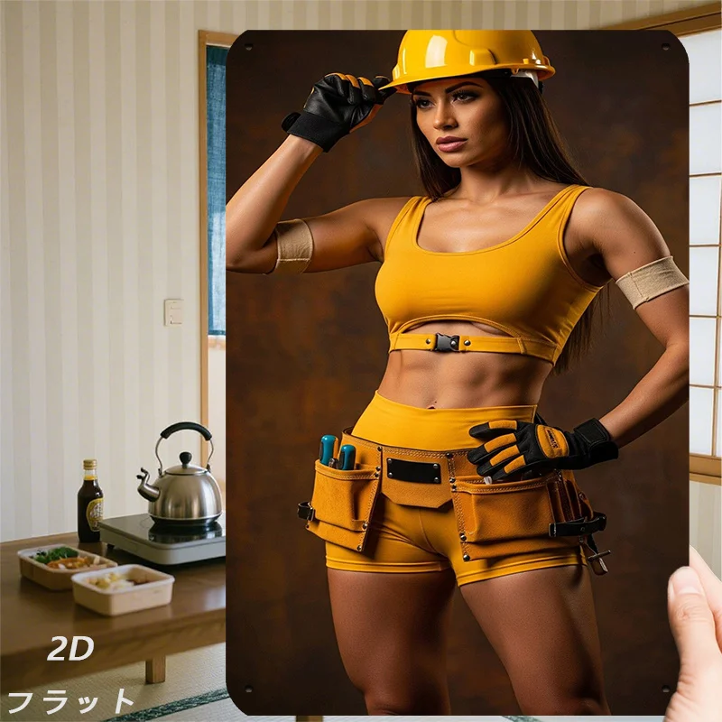 JIT 2D Flat Retro Metal Wall Art Sign, Sexy Female Construction Worker Iron Decor  Industrial Home Decor