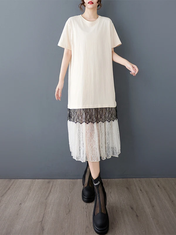 Tannt femmes robe dentelle maille Patchwork mode t-shirt robes pour femmes 2025 nouvel été ample longues robes décontractées couleur correspondant