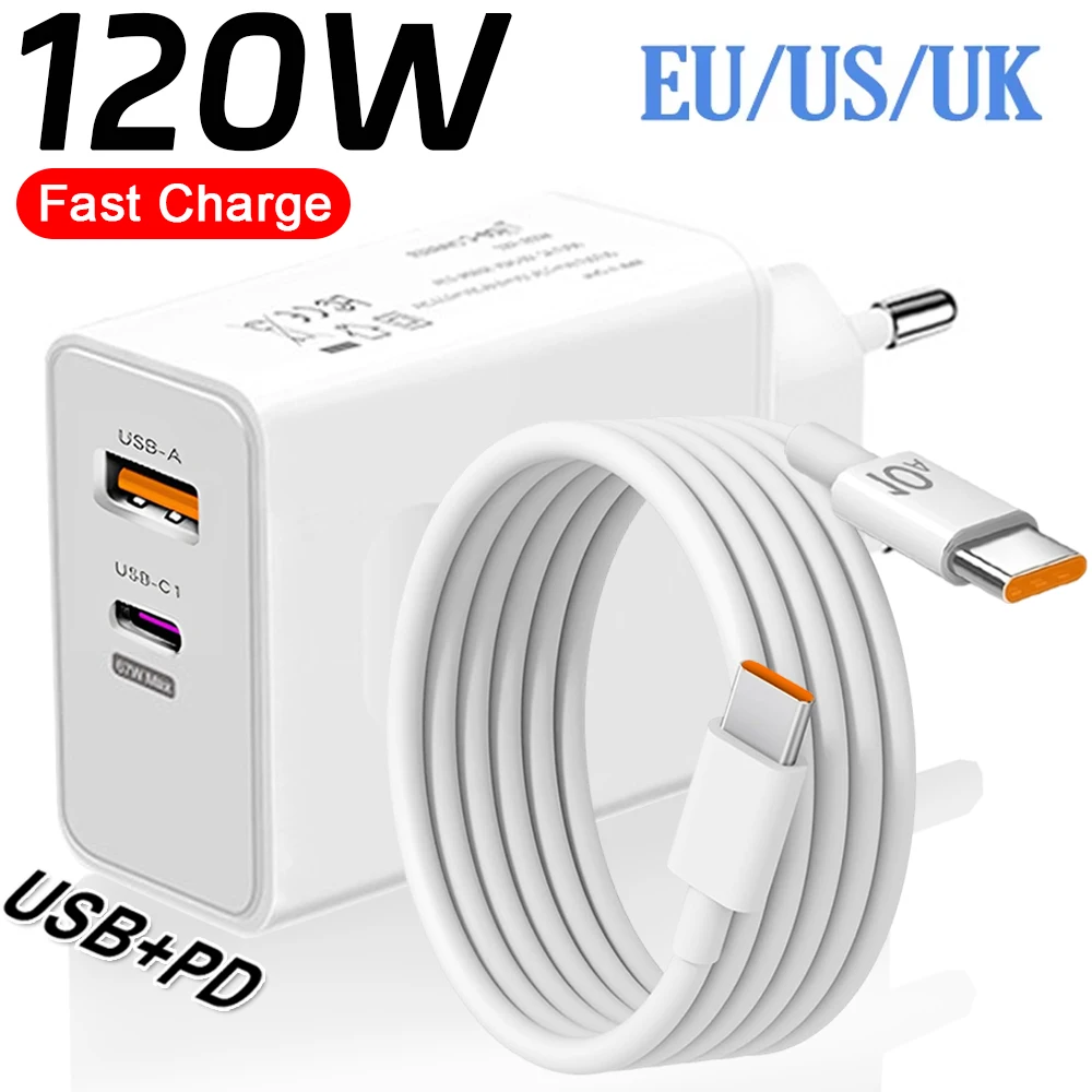 120W Fast Charger USB Type C PD Cable Fast Charging Quick Charge Adapter For iPhone 16/15 Pro Xiaomi Samsung Oneplus Huawei