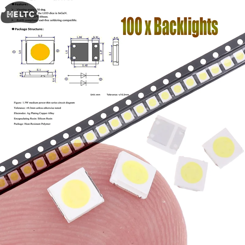 100Pc/Pack For Backlight High Power LED 2W 3.0-3.4V/6.0-6.4V 3030 94LM Cool White LCDBacklight For TV Application EMC 3030C-W3C3
