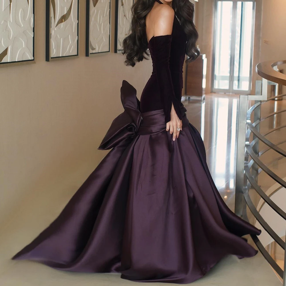 

Customized Mermaid Evening Dresses Floor-length O-neck Full Sleeve Prom Gown Fashion Pleat Simple Draped Backless Party Gown