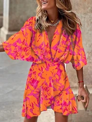 2022 Women Batwing Sleeve V-Neck Party Dress Bohemian Fashion Print Beach Midi Dress Lady Elegant Lace-up Ruffle Office Coverup