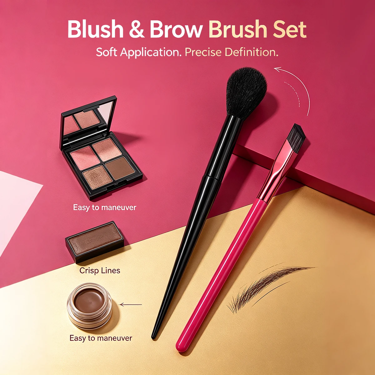 2Pcs Makeup Brush Set, Soft Fluffy Blush Brush & Angled Brow Brush, Synthetic Bristles for Blush, Contour, Eyebrow & Gel Brow