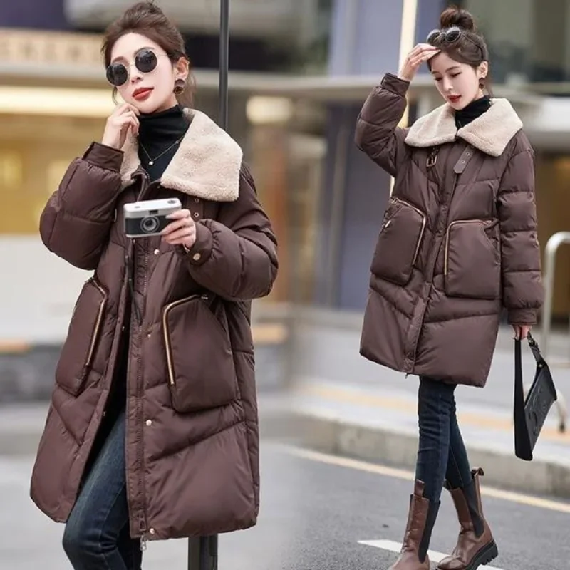 Winter warm unten Baumwoll jacke Frauen lange Parka Baumwolle gepolsterte Jacke Lamm wolle Revers dicke wind dichte Oberbekleidung Winterkleid ung