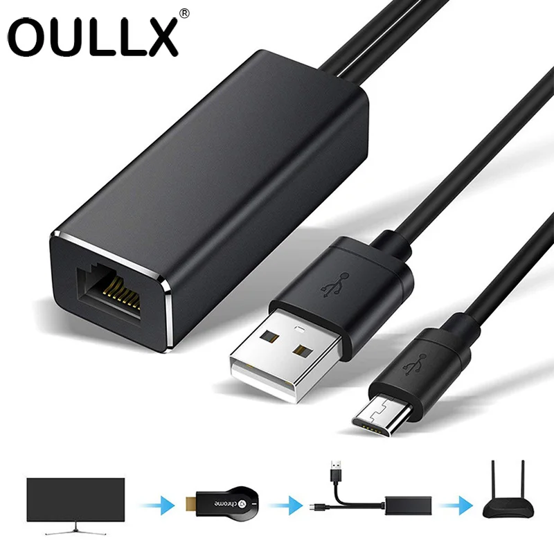 OULLX Ethernet Network Card Adapter Micro USB Power to RJ45 10/100Mbps for Fire TV Stick Chromecast Google