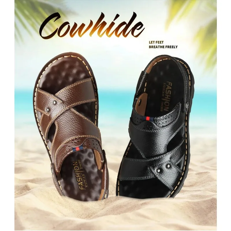 

Slippers Outdoor Thick-soled Beach Shoes Comfor Soft Sandalias Summer Men Leather Sandals Genuine Leather Non-slip