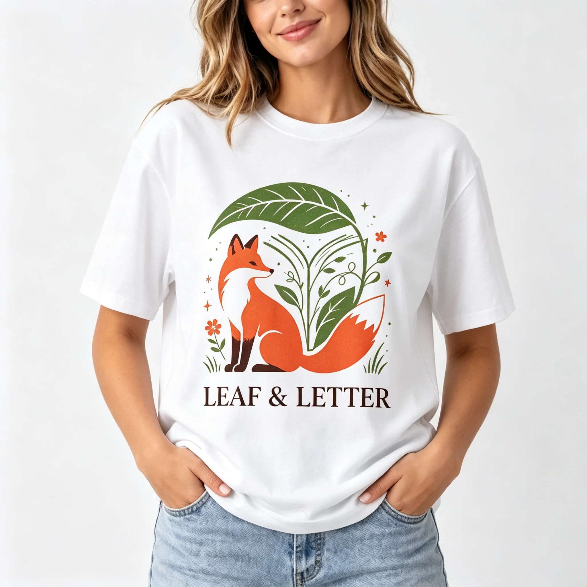 Leaf And Letter Cute Fox Open Book Botanical Floral Graphic T Shirt Nature Reading Lover Short Sleeve Casual Tee