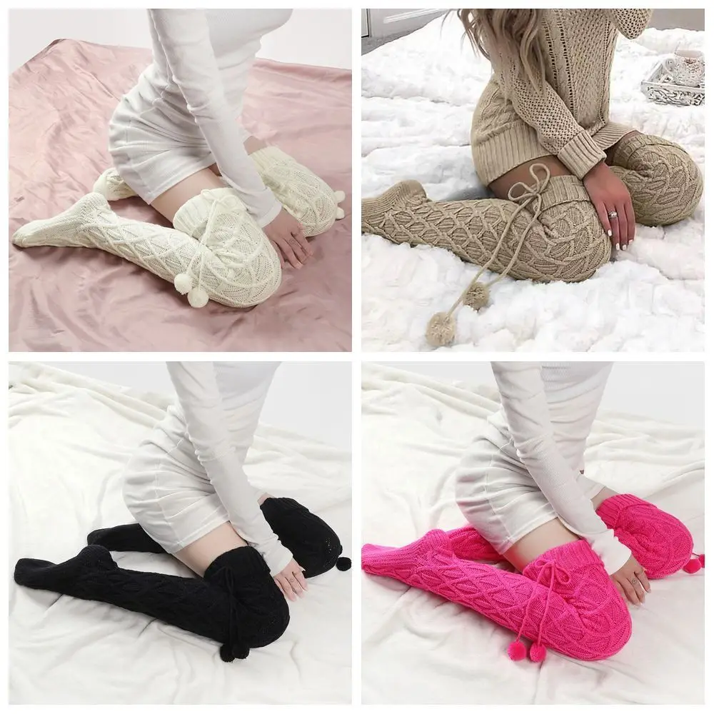 

New with Ball Tassel Tight Socks Casual Warm Long Socks Solid Color Over-knee Stockings Running Hiking