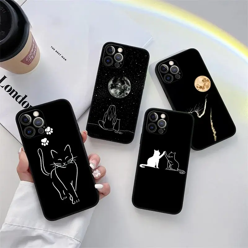 Black Cat Line Phone Case for iPhone 11 15 16 Pro Max Case Coque 14 Plus 13 Pro 12 Mini 11 X XS 16 8 SE2020 15Pro TPU Soft Cover