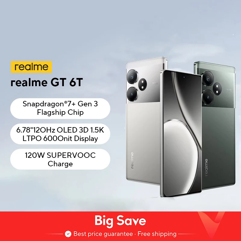 Versión Global realme GT 6T 5G Smartphone 6000nit Hyper Display 120W SUPERVOOC Charge Snapdragon 7+ Gen 3 5500mAh Batería 50MP Cámara Principal