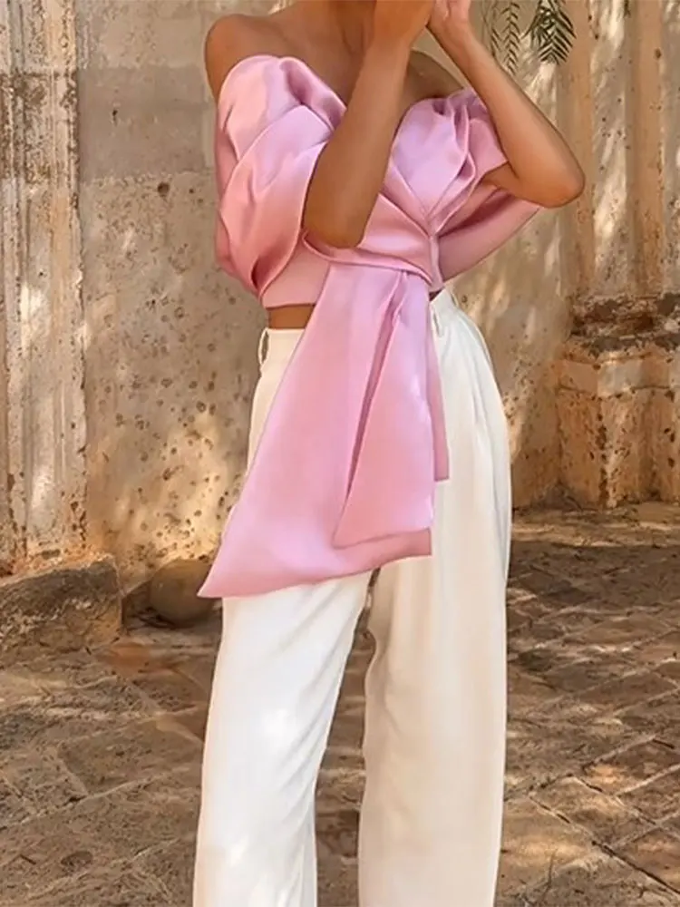 2024 Summer Women High Street Party Club Tops Sweet Satin Bow Pleated Tops Female Sexy Off Shoulder Backless Cropped Pink Vest