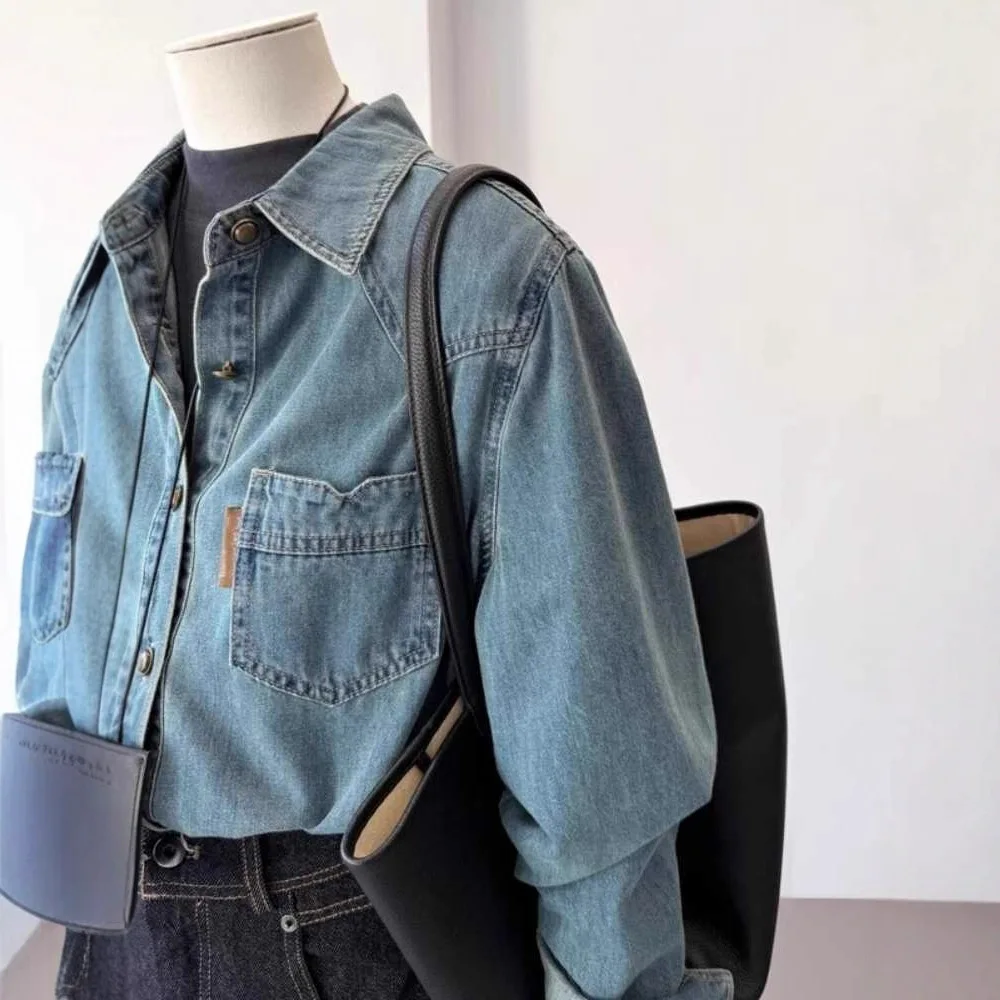 Retro Hong Kong Style Blue Denim Shirt Women's Spring and Autumn Design Sense Layered and Versatile Short Shoulder Top Jacket
