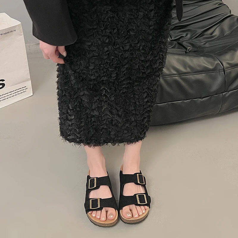 Flock Rubber Flip Flops Shoes Woman 2025 Slippers Summer Platform Pantofle Low Hawaiian New PU Rome Cow Suede Hoof Heels Slides image 5