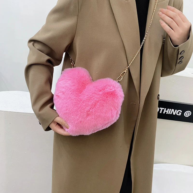Mode frauen Herzförmige Handtaschen Nette Kawaii Faux Pelz Umhängetaschen Geldbörse Plüsch Kette Schulter Tasche Dame Handtasche – Detail 10
